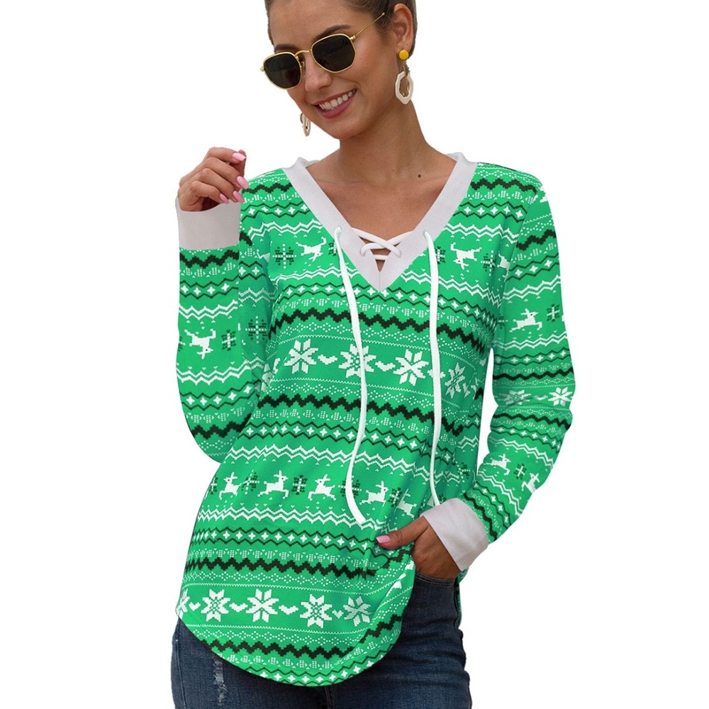 🎄Lace Up V-Neck Pullover Patchwork Knit Top